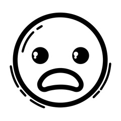 Outline style drawing of a circular emoji appearing shocked or surprised, marked by wide, round eyes and an open, oval-shaped mouth. Can be used to convey shock, disbelief, extreme surprise