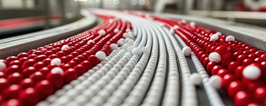 Red and White Bead Strings on Conveyor Belt