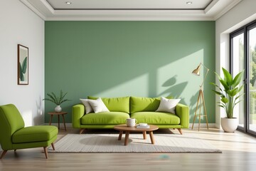 a living room 3d render with a stylish green sofa set in a neutral toned space, offering a vibrant yet calm interior that mixes color and simplicity for a refreshing modern vibe.