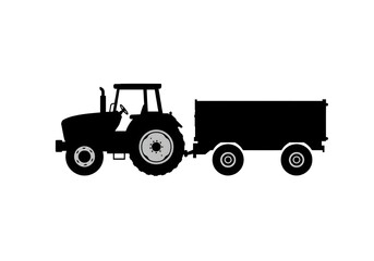 A silhouette of a tractor with a trailer attached on a white background in a side view illustration