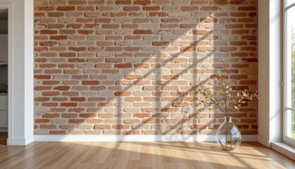 a 3d rendered room with an exposed brick wall and a transparent glass vase, placed on the floor near a minimalist interior setting with natural, rustic, and modern mixed aesthetics.