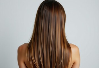 Naklejka premium rear view of a woman with long, shiny, and healthy hair cascading smoothly down her back, demonstrating elegance, beauty, and effective haircare routine with natural radiance.