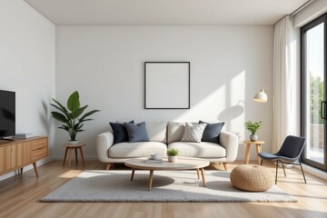 a 3d rendered living room features a modern sofa centered in the space with minimal surrounding decor, emphasizing a clean, organized, and airy design suitable for modern apartment living.