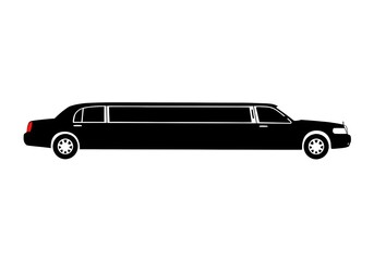 A black limousine car shown in a side view with a white background in a simple vector illustration