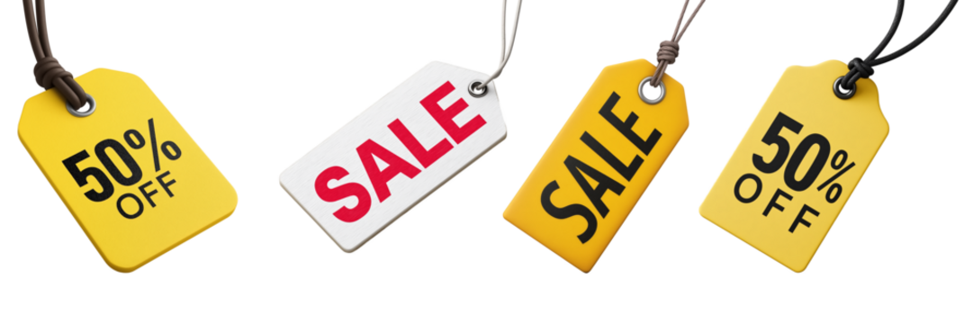 Minimalist floating price tags with  “SALE” or “50% OFF” text, great for product ads on transparent background