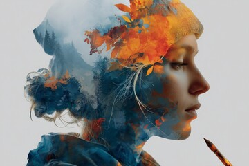 Artistic double exposure of a painter with brush strokes and color splashes, creative arts