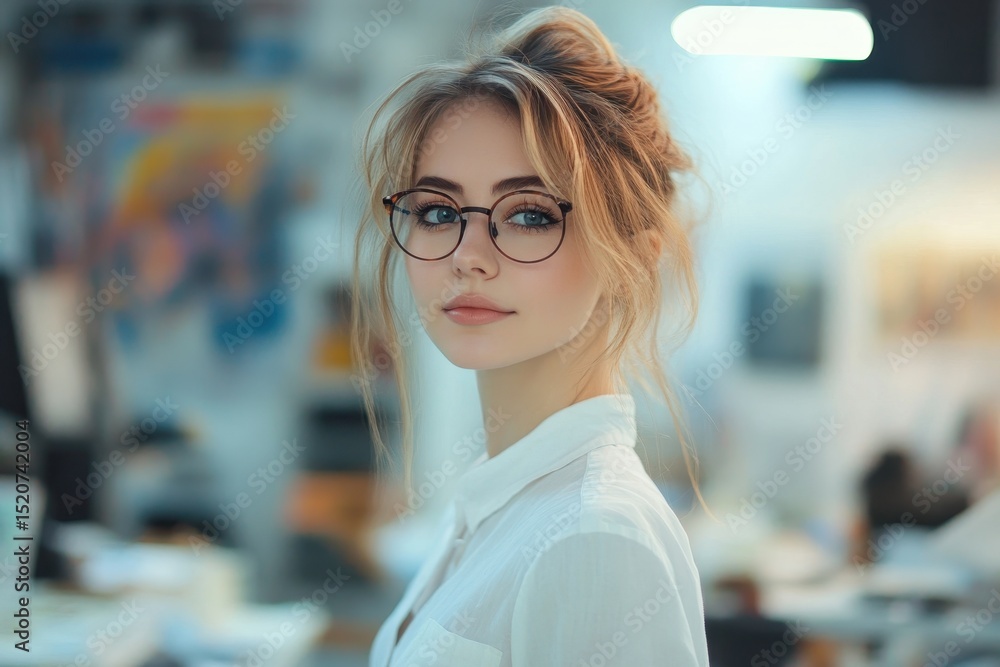 Poster short haired project manager with glasses focused on tasks in modern office environment during dayti