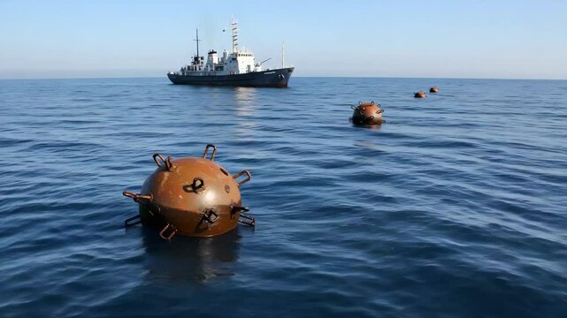 Floating Naval Mines in Calm Blue Ocean with a Distant Military Ship Under a Clear Sky Marine Threat