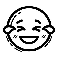 Outline style drawing of a circular emoji laughing heartily, with closed curved eyes with tears of joy streaming. Can be used to convey overwhelming joy, uncontrollable laughter, or extreme amusement