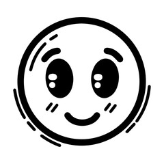 Outline style drawing of a circular emoji expressing shy happiness, marked by wide, slightly blushing eyes and a gentle smile. Can be used to convey modest happiness, bashfulness, quiet contentment