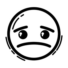 Outline style drawing of a circular emoji expressing profound sadness or distress, marked by downcast eyes and a deep frown. Can be used to convey sadness, melancholy, disappointment, hopelessness