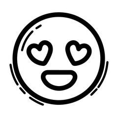 Outline style drawing of a circular emoji with heart-shaped eyes and a wide smile, conveying an intense feeling of love or adoration. Can be used to represent love, adoration, strong affection