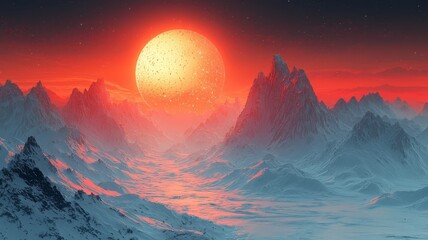 Majestic sunset over icy mountains, casting a warm glow on a serene landscape, perfect for nature-themed projects and inspirational visuals.
