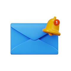 3D email notification symbol with bell alert. New message notification envelope, unread mail or incoming message.