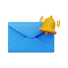 Blue 3D envelope with notification bell. Message alert symbol for email or user interface.
