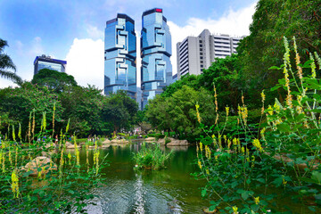 Fototapeta premium Hong Kong Park with lagoon and tall skyscrapers in Central business district. 