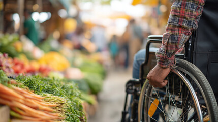 Accessibility at Urban Farmers Market: Empowering Shopping Experience for Disabled Individuals in Wheelchairs Surrounded by Vibrant and Organic Fresh Produce