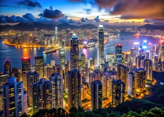 Fototapeta premium Breathtaking night photography: Hong Kong's cityscape, vibrant bokeh, and Asia's iconic harbour.