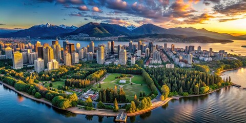 Fototapeta premium Breathtaking panorama: Stanley Park's greenery, downtown's bustle, North Shore's skyline.