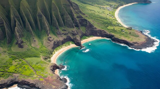 Hawaii Na Pali Coast Aerial View Featuring Turquoise Ocean Jagged Mountains Sandy Beaches and Lush Greenery