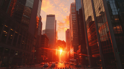 Fototapeta premium Sunset illuminates city skyline with vibrant orange hues and bustling traffic on busy urban street