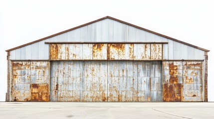 Industrial structure with weathered exterior showcasing rust and peeling paint in an open area