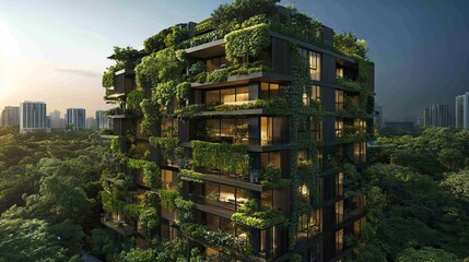 Eco-friendly apartment building with green walls and solar panels, promoting sustainability and urban greenery. 