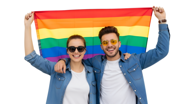 LGBTQ+ Pride Support Couple Holding Rainbow Flag Joyful LGBTQ+ Pride Celebration with Rainbow Flag isolated on transparent background Generative Ai PNG 