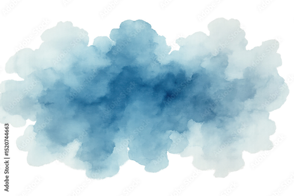 Poster soft blue watercolor splash creating ethereal cloud-like patterns, floating on transparent backdrop 