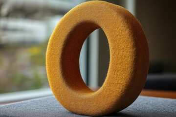Felt crafted letter O displayed indoors with natural light showcasing its texture and unique shape