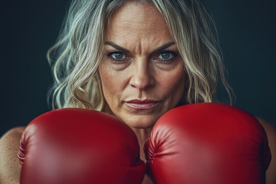 Fit mature woman in boxing gloves showcases strength and determination in a powerful training stance - Powered by Adobe