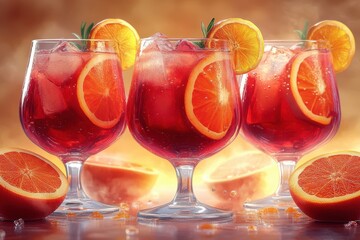 Delicious red mulled wine served in elegant glasses garnished with orange slices on a warm, inviting background