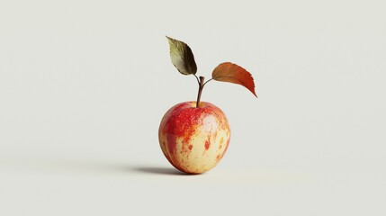 Fresh red apple with green and orange leaves on a light background, showcasing natural beauty and simplicity