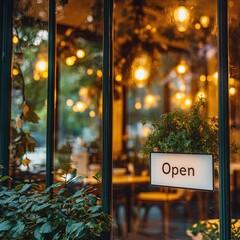 Restaurant Window with Open Sign and Lights