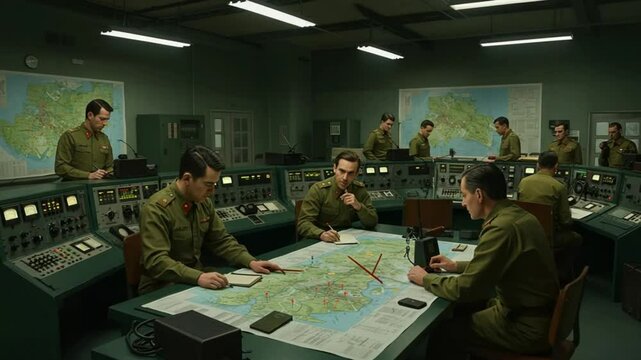 Cold War Strategy Room: Military Personnel Analyze Maps and Communications Systems
