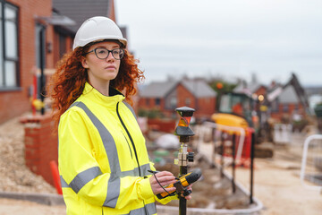 Portrait of confident female land surveyor with long hair in bright safety gear using surveying...