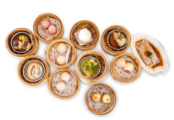 Top view of Dim sum set, chinese food focus selective