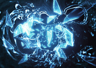 青く発光した氷の破片としぶきが飛び散った抽象的な背景	
