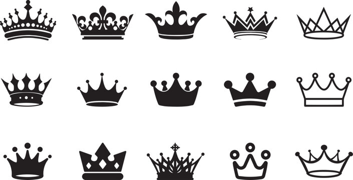 This versatile vector icon set features a diverse array of crown styles, from classic king and queen emblems to minimalist and modern tiara and coronet designs, making it a trending asset.