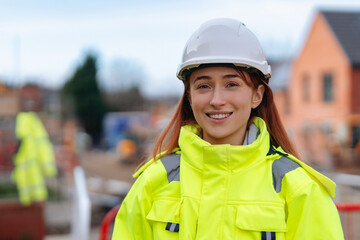 Portrait of Young female Construction works superviser overseeing building site activities  during sunny day while holding project files and wearing safety gear © Iryna