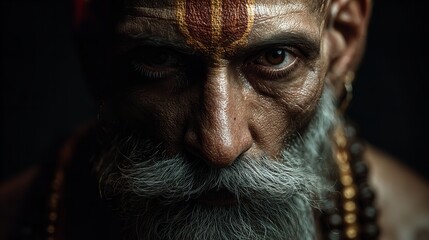 Portrait of a Wise Old Man with Grey Beard and Sacred Mark yoga calm eyes skin dark face guru holy  