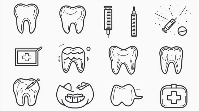 Dental care icons showcasing treatments, tools, and services for oral hygiene and health in a straightforward design style