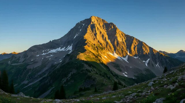 Majestic Mountain Peak with Snow Patches Under Golden Sunlight Scenic Landscape Photography