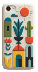 Fototapeta premium Colorful phone case featuring abstract shapes and designs inspired by nature and architecture isolated on transparent background.
