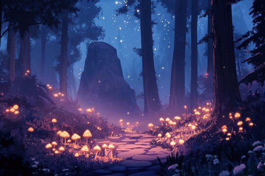 Magical forest path at night illuminated by glowing mushrooms.