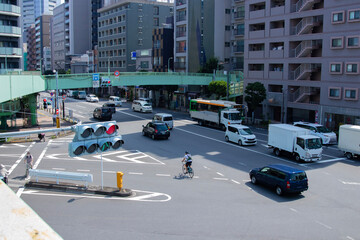 A cityscape of traffic jam at the downtown crossing in Tokyo