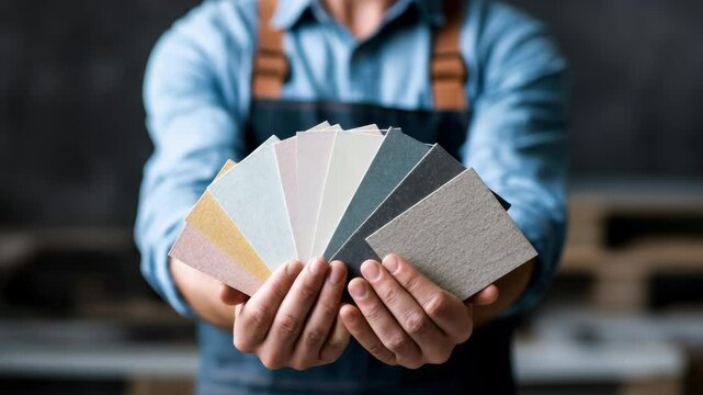 Person holding color swatch and textured paper samples in creative workspace, hand selection of colorful material surfaces for artistic design inspiration and interior renovation projects