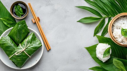 Freshly Wrapped Rice Delicacies with Green Leaves and Bamboo Chopsticks
