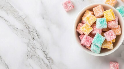 Colorful Candy Cubes in White Bowl on Marble Countertop Surface