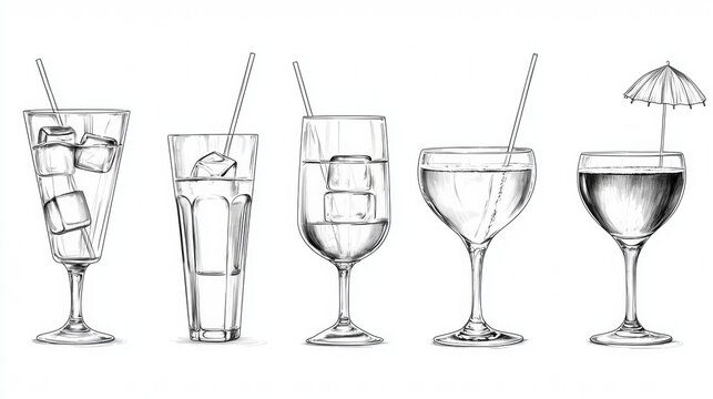 Variety of drinks displayed in elegant glassware with ice and decorative elements on a white background